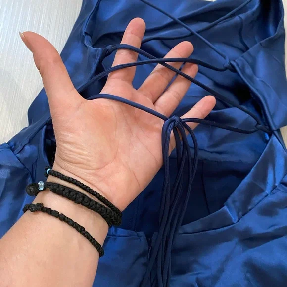 Mon Cherie Cowl Neckline Lace Up Back Romper in Navy - Picture 7 of 8